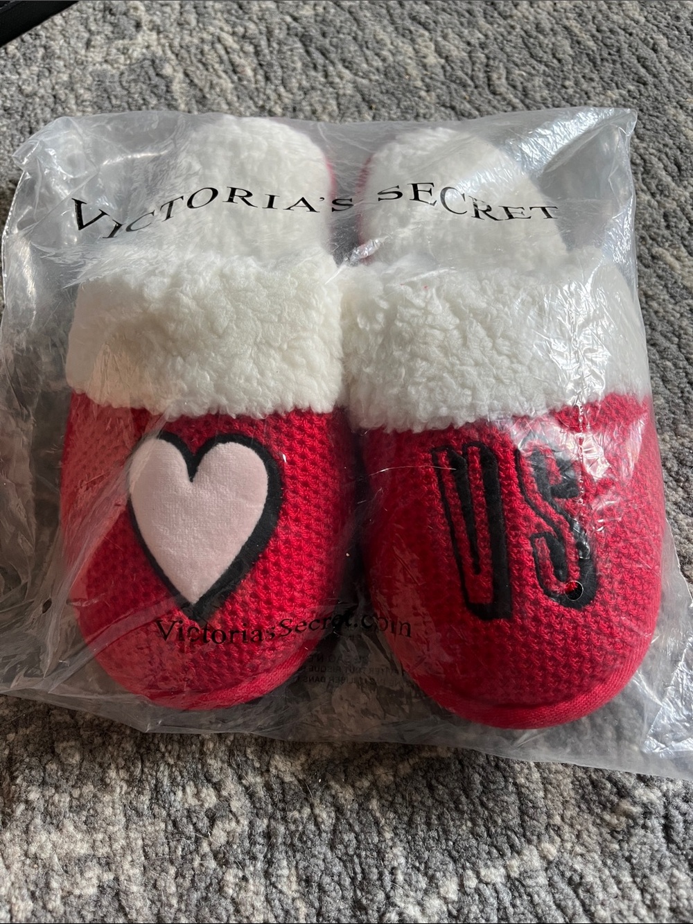 Victoria's Secret Red and Pink Heart Plush Slip-On Slippers